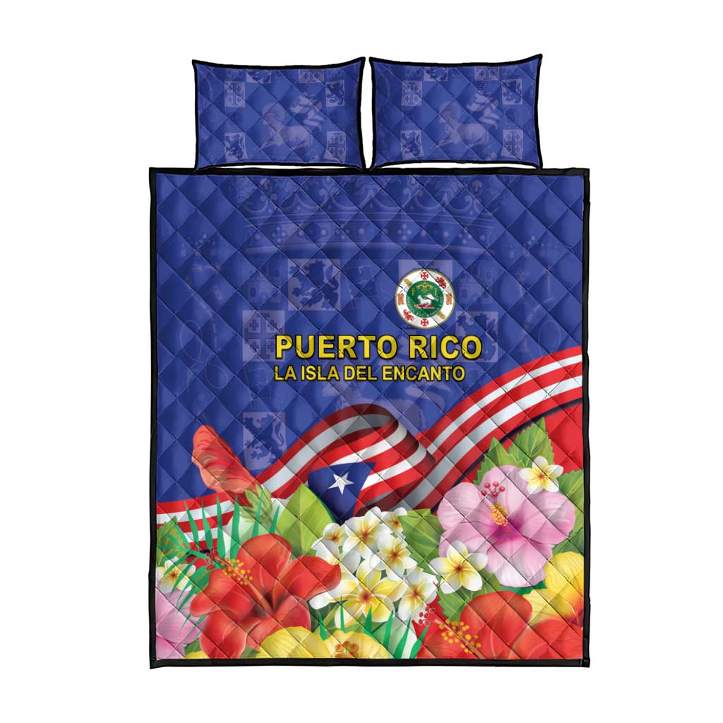 Puerto Rico Coat Of Arm Quilt Bed Set With Thespesia Grandiflora Flowers - Wonder Print Shop