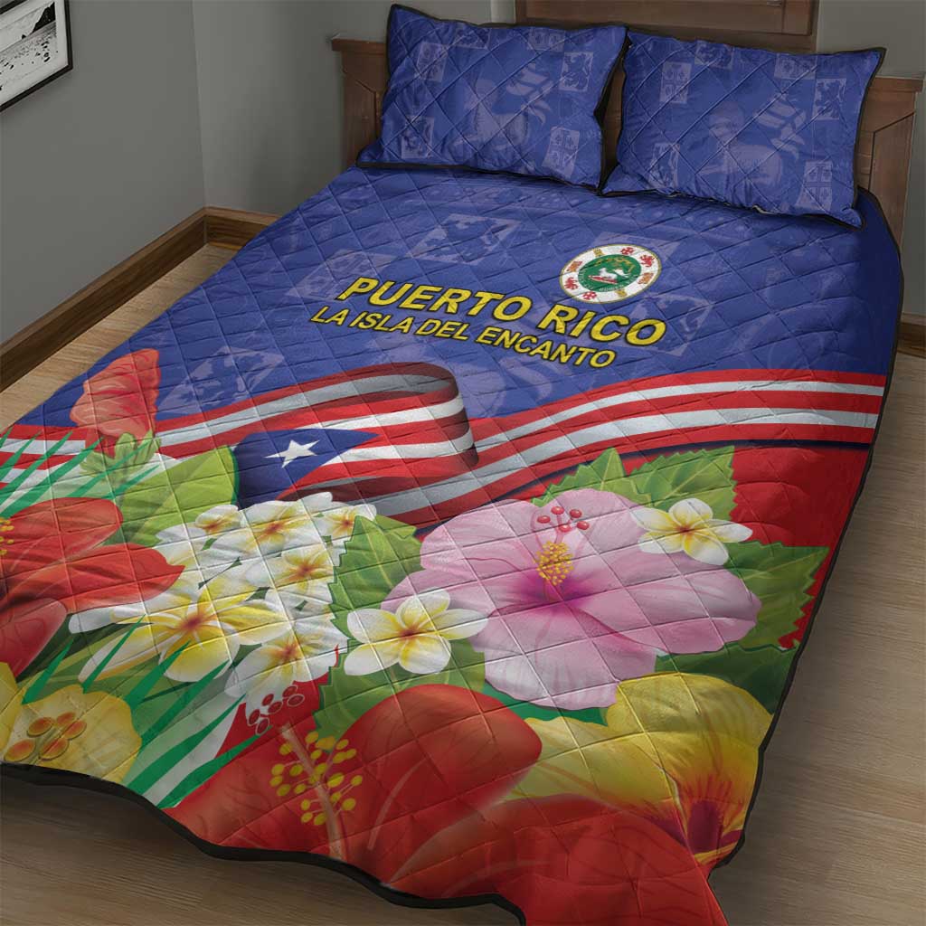 Puerto Rico Coat Of Arm Quilt Bed Set With Thespesia Grandiflora Flowers - Wonder Print Shop
