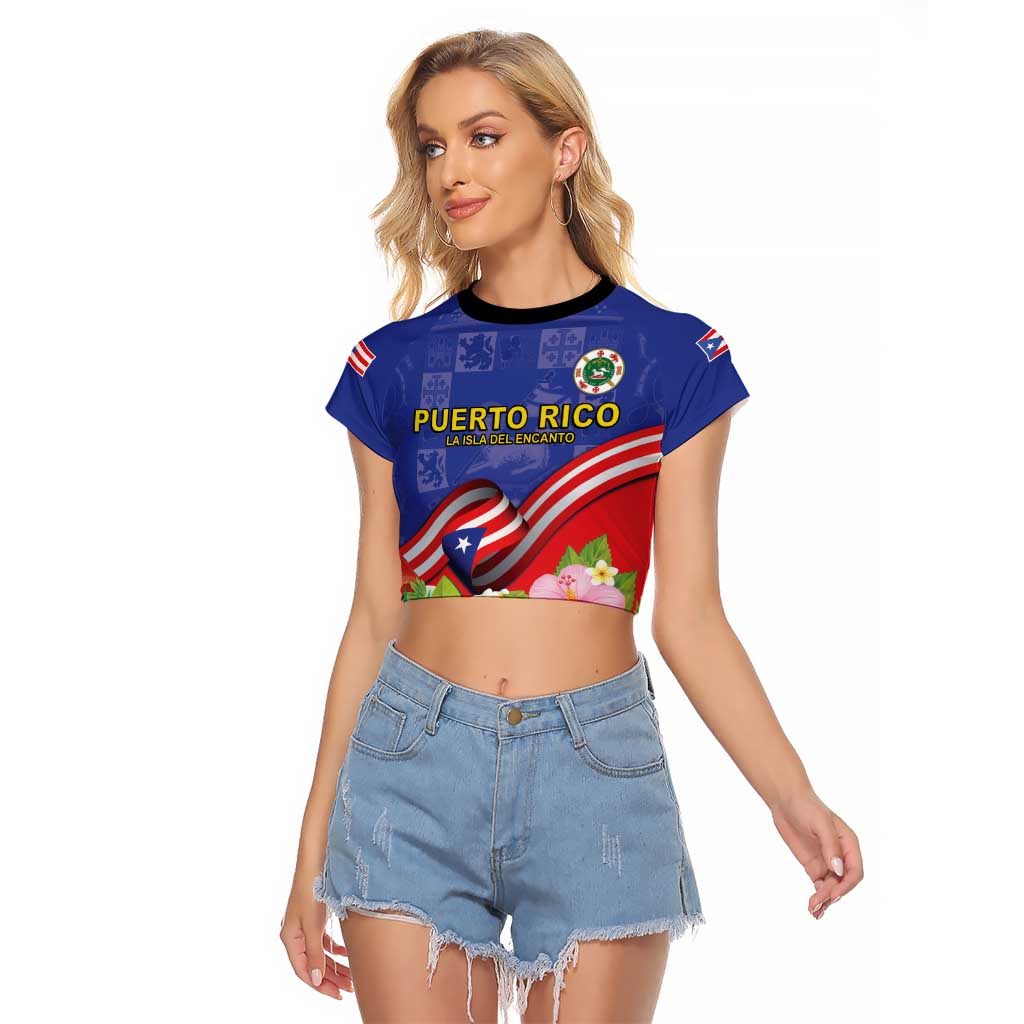 Puerto Rico Coat Of Arm Raglan Cropped T Shirt With Thespesia Grandiflora Flowers - Wonder Print Shop