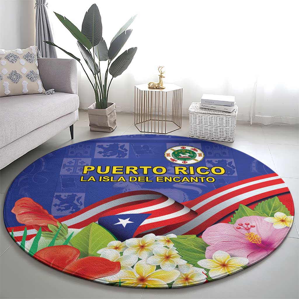Puerto Rico Coat Of Arm Round Carpet With Thespesia Grandiflora Flowers