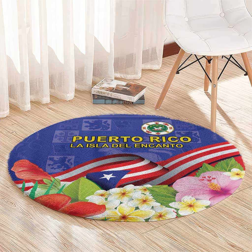 Puerto Rico Coat Of Arm Round Carpet With Thespesia Grandiflora Flowers