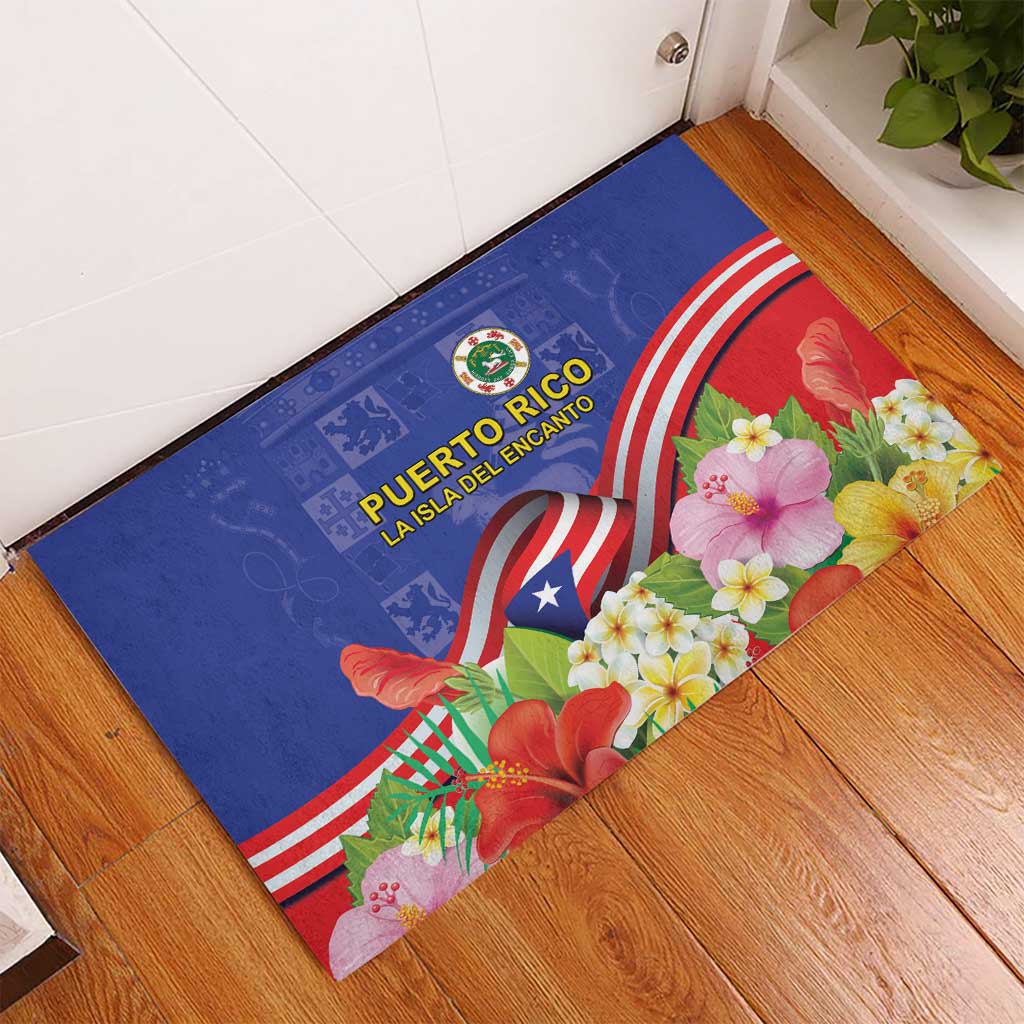 Puerto Rico Coat Of Arm Rubber Doormat With Thespesia Grandiflora Flowers - Wonder Print Shop
