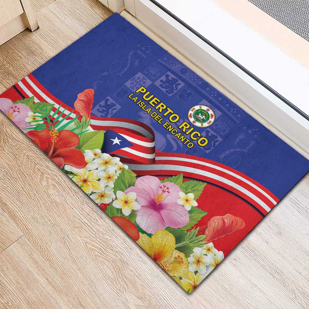 Puerto Rico Coat Of Arm Rubber Doormat With Thespesia Grandiflora Flowers - Wonder Print Shop