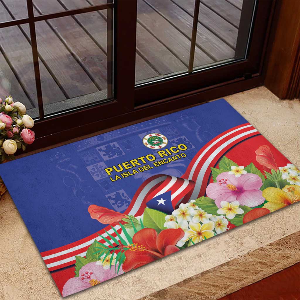 Puerto Rico Coat Of Arm Rubber Doormat With Thespesia Grandiflora Flowers - Wonder Print Shop