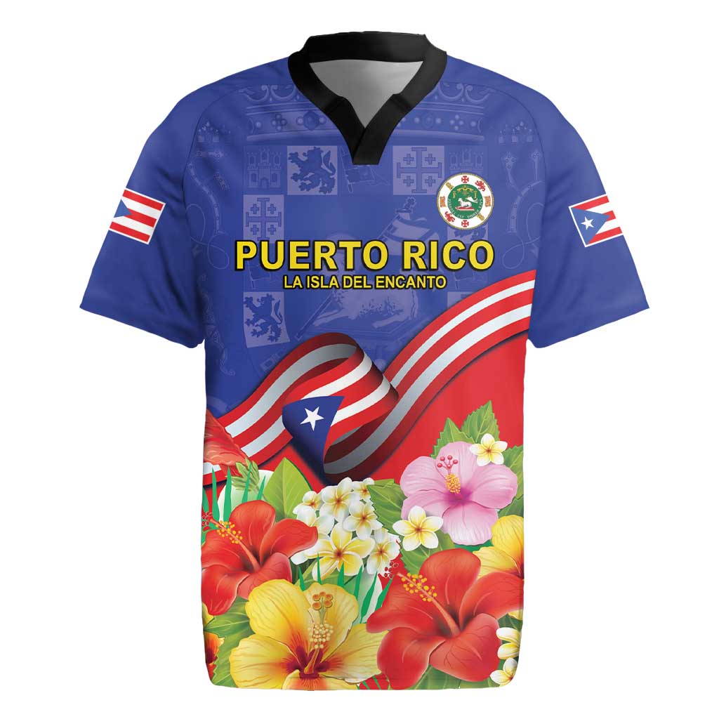 Puerto Rico Coat Of Arm Rugby Jersey With Thespesia Grandiflora Flowers - Wonder Print Shop
