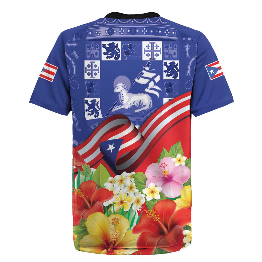 Puerto Rico Coat Of Arm Rugby Jersey With Thespesia Grandiflora Flowers - Wonder Print Shop