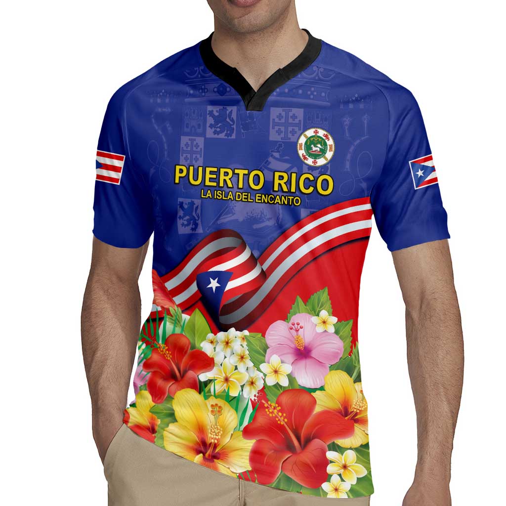 Puerto Rico Coat Of Arm Rugby Jersey With Thespesia Grandiflora Flowers - Wonder Print Shop