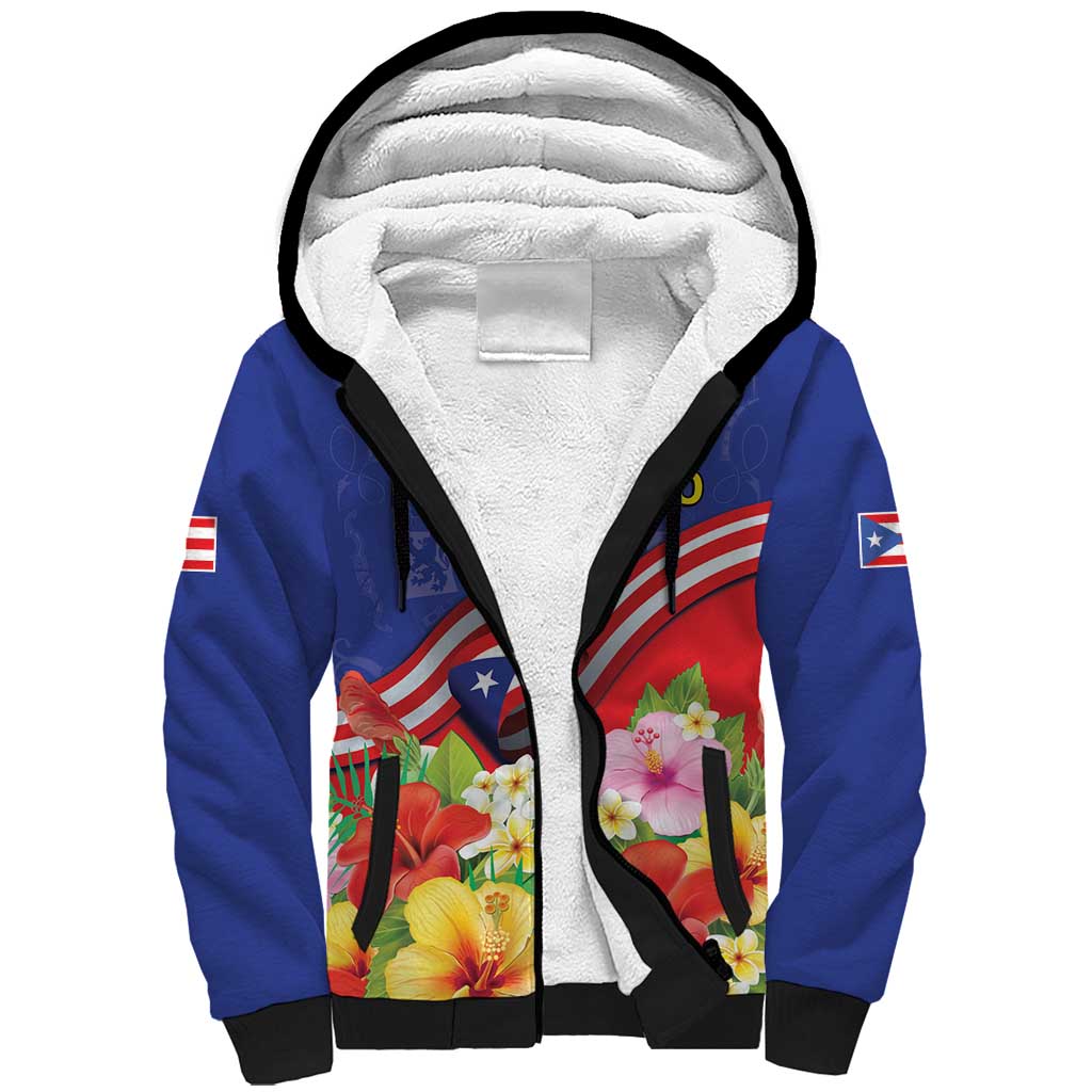 Puerto Rico Coat Of Arm Sherpa Hoodie With Thespesia Grandiflora Flowers - Wonder Print Shop