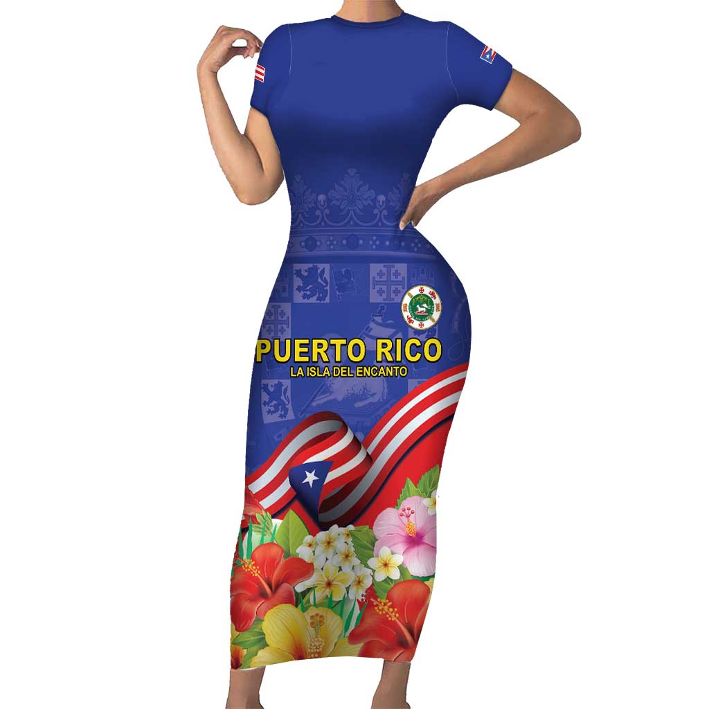 Puerto Rico Coat Of Arm Short Sleeve Bodycon Dress With Thespesia Grandiflora Flowers - Wonder Print Shop