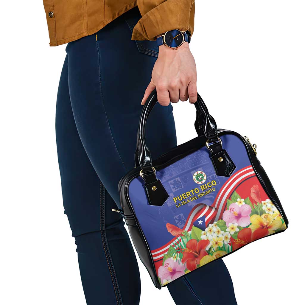 Puerto Rico Coat Of Arm Shoulder Handbag With Thespesia Grandiflora Flowers