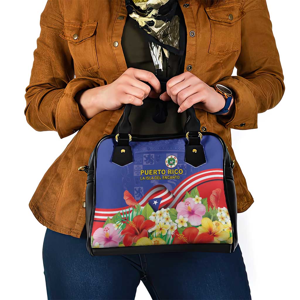 Puerto Rico Coat Of Arm Shoulder Handbag With Thespesia Grandiflora Flowers