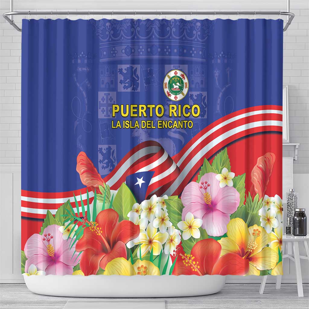 Puerto Rico Coat Of Arm Shower Curtain With Thespesia Grandiflora Flowers