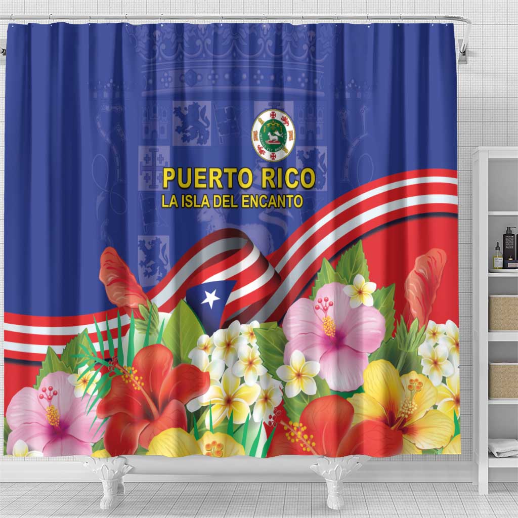 Puerto Rico Coat Of Arm Shower Curtain With Thespesia Grandiflora Flowers