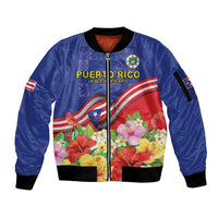 Puerto Rico Coat Of Arm Sleeve Zip Bomber Jacket With Thespesia Grandiflora Flowers - Wonder Print Shop