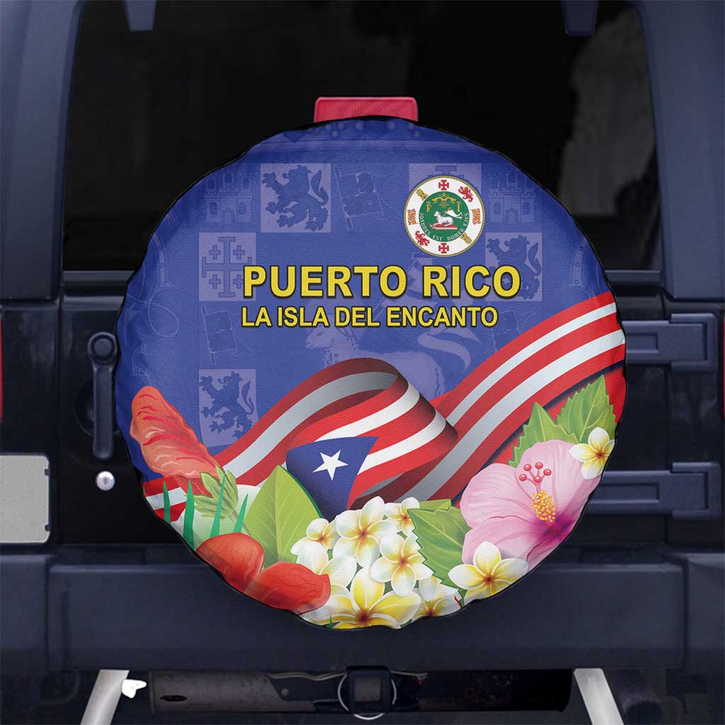 Puerto Rico Coat Of Arm Spare Tire Cover With Thespesia Grandiflora Flowers - Wonder Print Shop