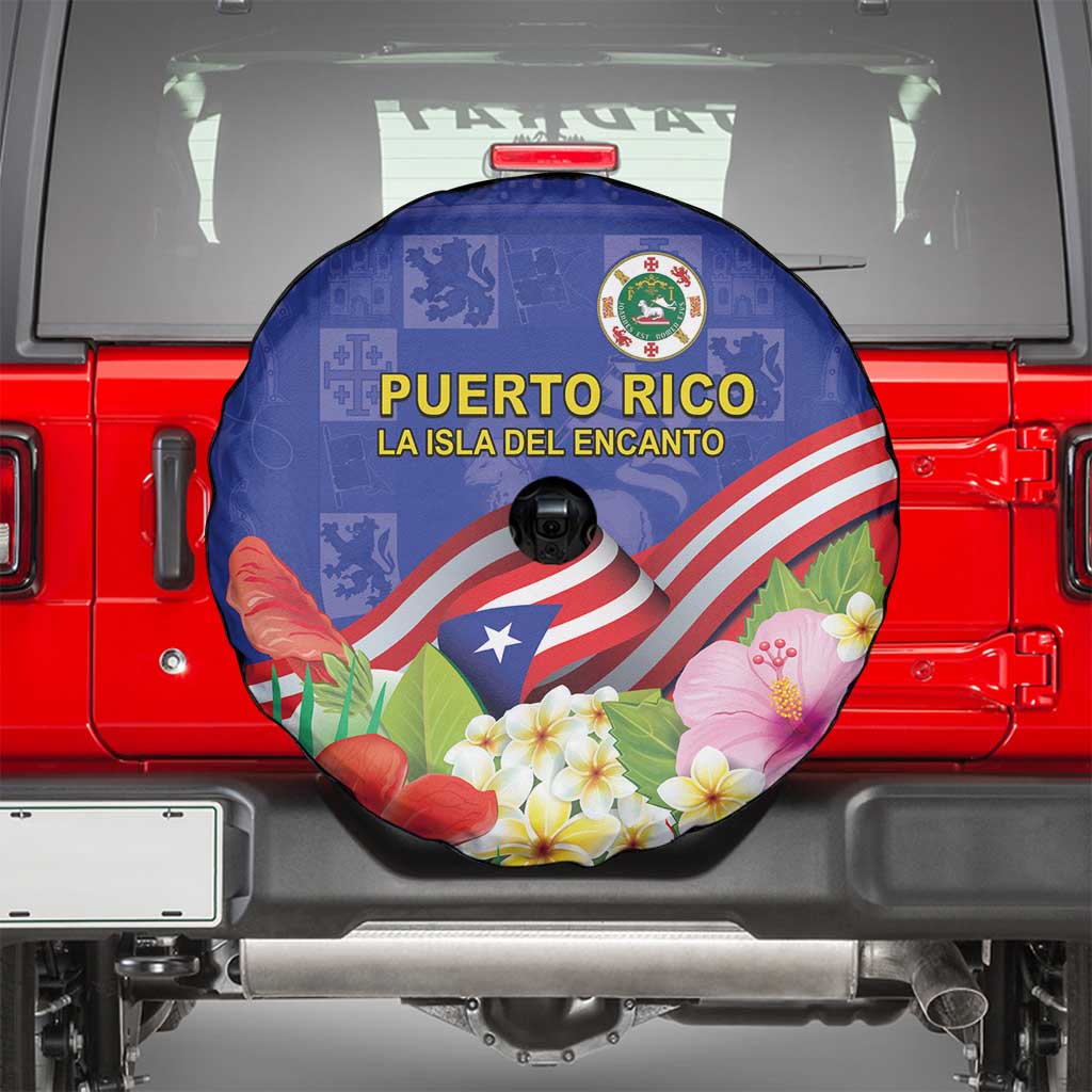 Puerto Rico Coat Of Arm Spare Tire Cover With Thespesia Grandiflora Flowers - Wonder Print Shop