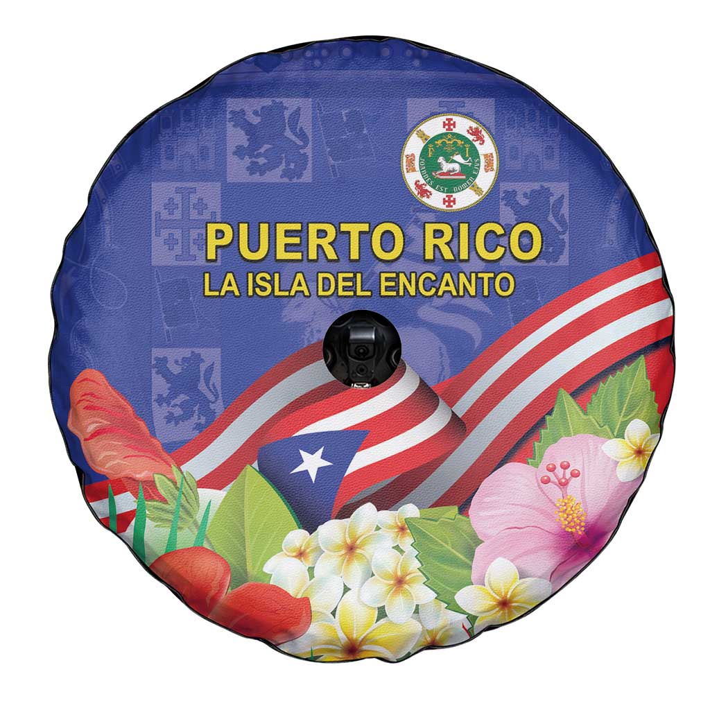 Puerto Rico Coat Of Arm Spare Tire Cover With Thespesia Grandiflora Flowers - Wonder Print Shop