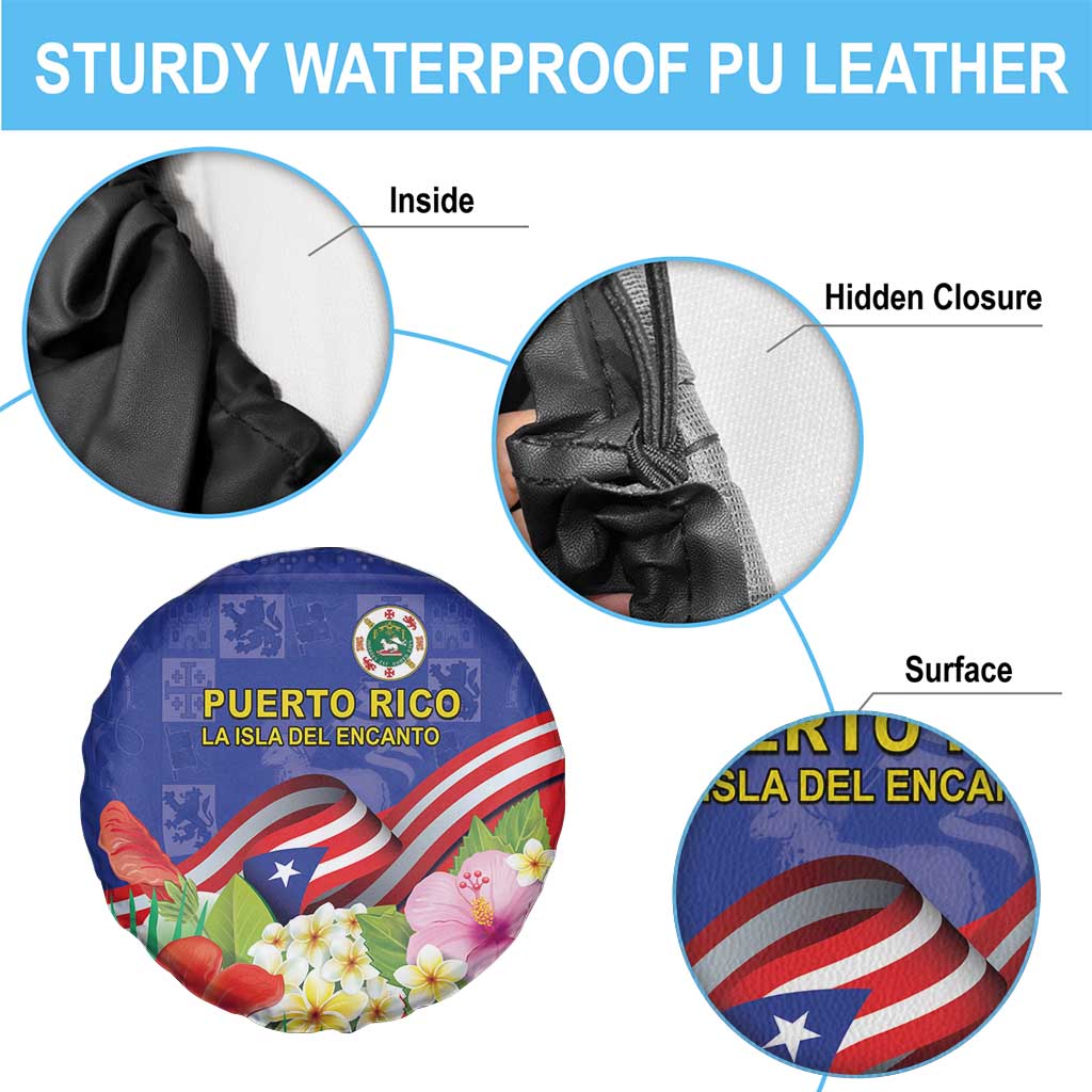 Puerto Rico Coat Of Arm Spare Tire Cover With Thespesia Grandiflora Flowers - Wonder Print Shop