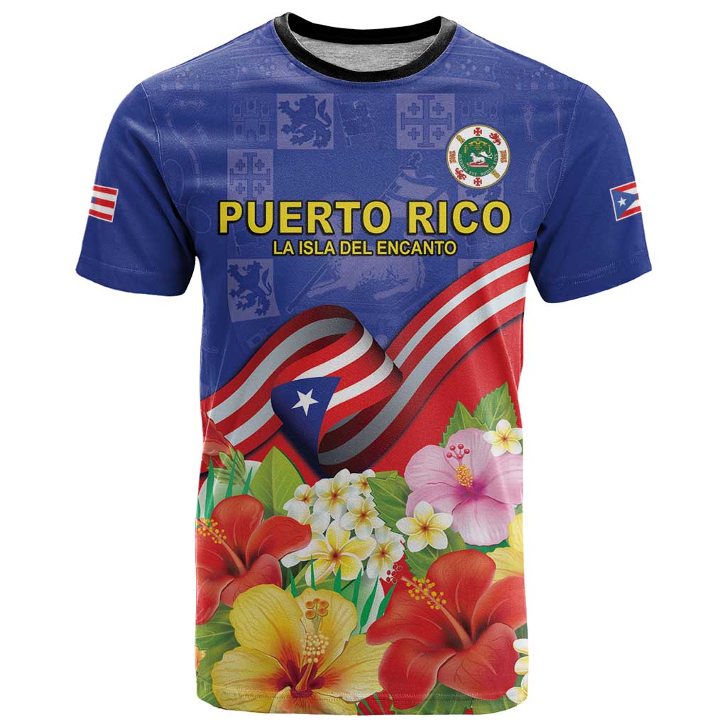 Puerto Rico Coat Of Arm T Shirt With Thespesia Grandiflora Flowers - Wonder Print Shop