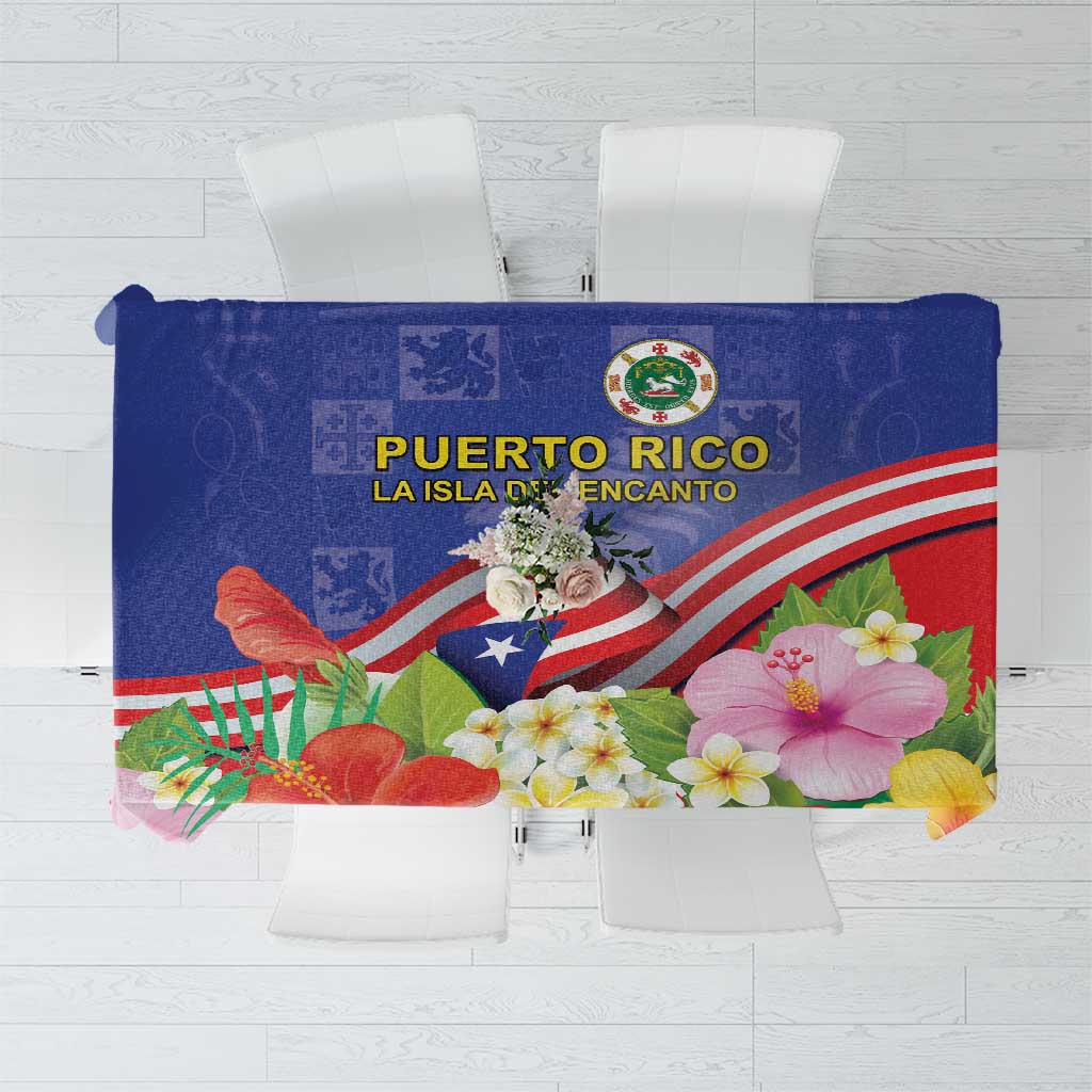 Puerto Rico Coat Of Arm Tablecloth With Thespesia Grandiflora Flowers - Wonder Print Shop