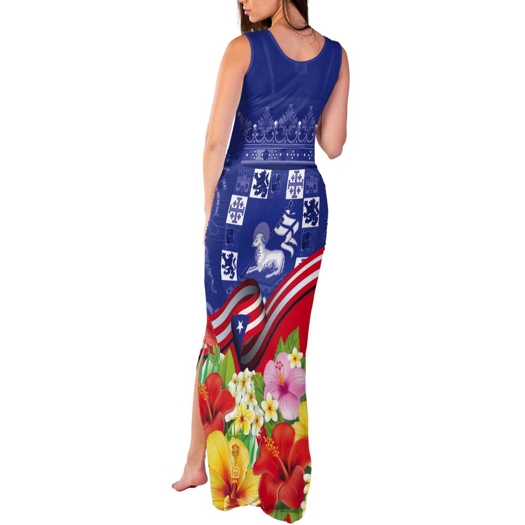 Puerto Rico Coat Of Arm Tank Maxi Dress With Thespesia Grandiflora Flowers - Wonder Print Shop