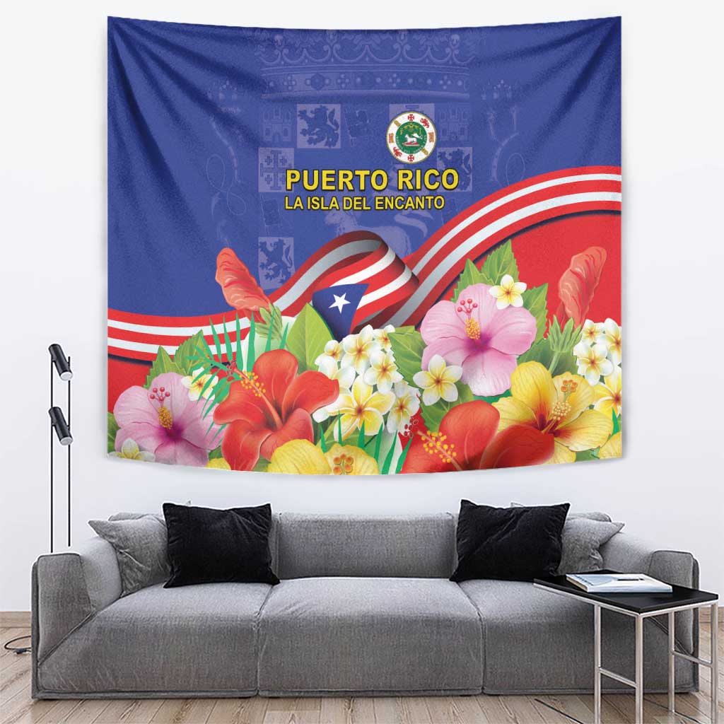 Puerto Rico Coat Of Arm Tapestry With Thespesia Grandiflora Flowers - Wonder Print Shop