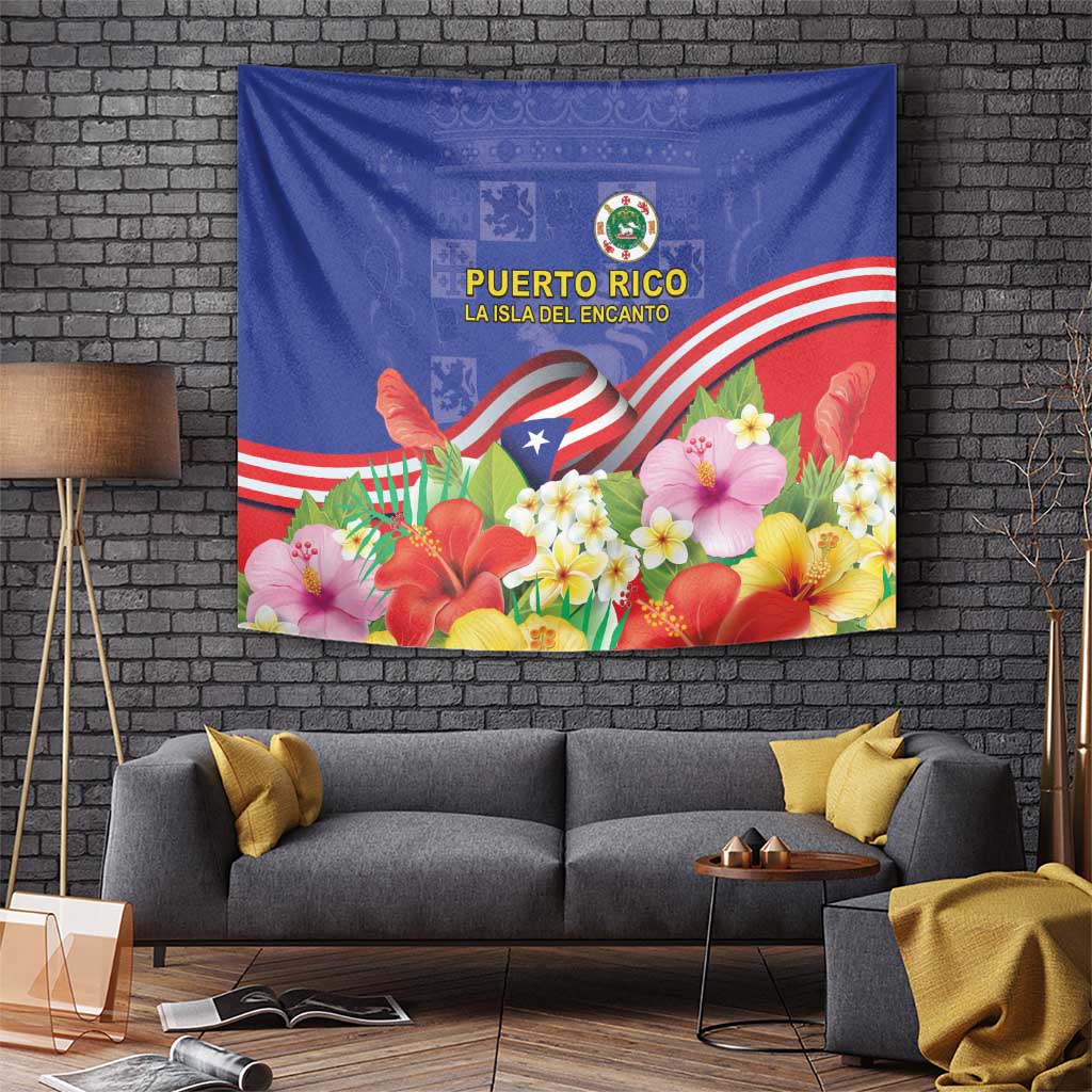 Puerto Rico Coat Of Arm Tapestry With Thespesia Grandiflora Flowers - Wonder Print Shop