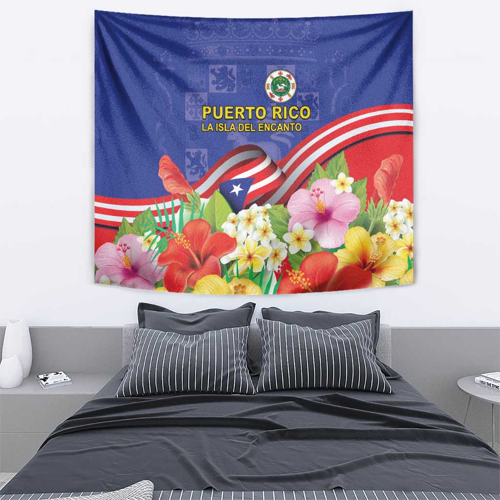 Puerto Rico Coat Of Arm Tapestry With Thespesia Grandiflora Flowers - Wonder Print Shop