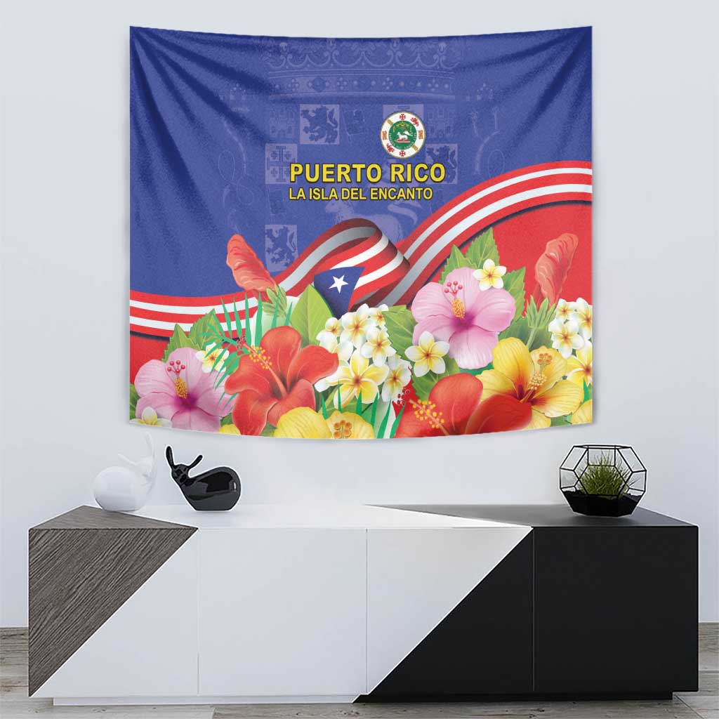 Puerto Rico Coat Of Arm Tapestry With Thespesia Grandiflora Flowers - Wonder Print Shop