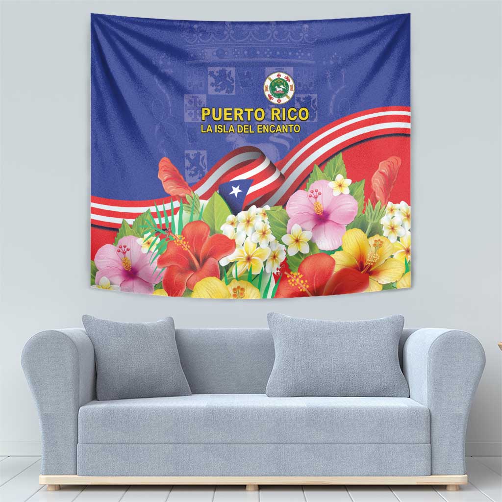 Puerto Rico Coat Of Arm Tapestry With Thespesia Grandiflora Flowers - Wonder Print Shop