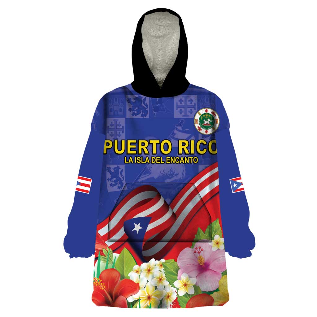 Puerto Rico Coat Of Arm Wearable Blanket Hoodie With Thespesia Grandiflora Flowers - Wonder Print Shop