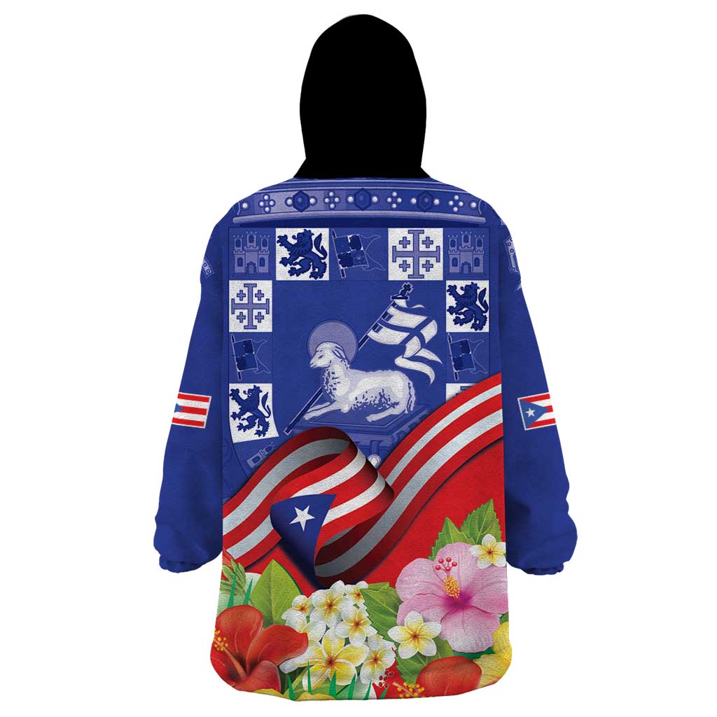 Puerto Rico Coat Of Arm Wearable Blanket Hoodie With Thespesia Grandiflora Flowers - Wonder Print Shop