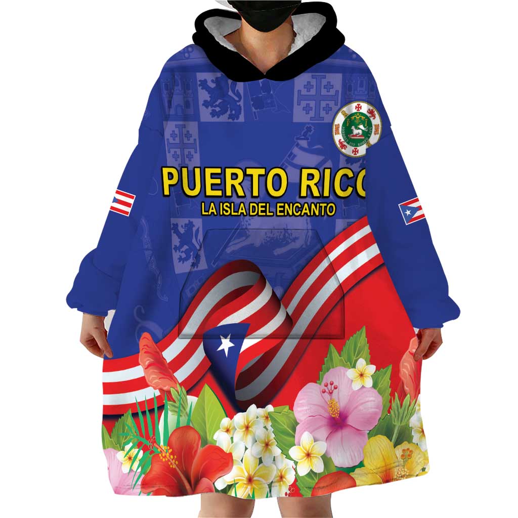 Puerto Rico Coat Of Arm Wearable Blanket Hoodie With Thespesia Grandiflora Flowers - Wonder Print Shop