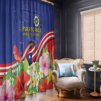 Puerto Rico Coat Of Arm Window Curtain With Thespesia Grandiflora Flowers - Wonder Print Shop