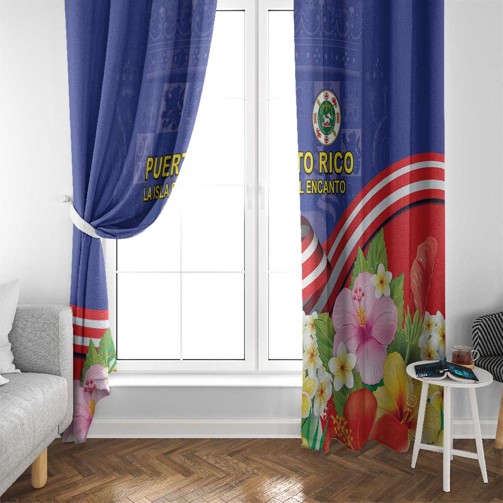 Puerto Rico Coat Of Arm Window Curtain With Thespesia Grandiflora Flowers - Wonder Print Shop