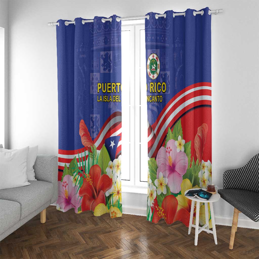 Puerto Rico Coat Of Arm Window Curtain With Thespesia Grandiflora Flowers - Wonder Print Shop