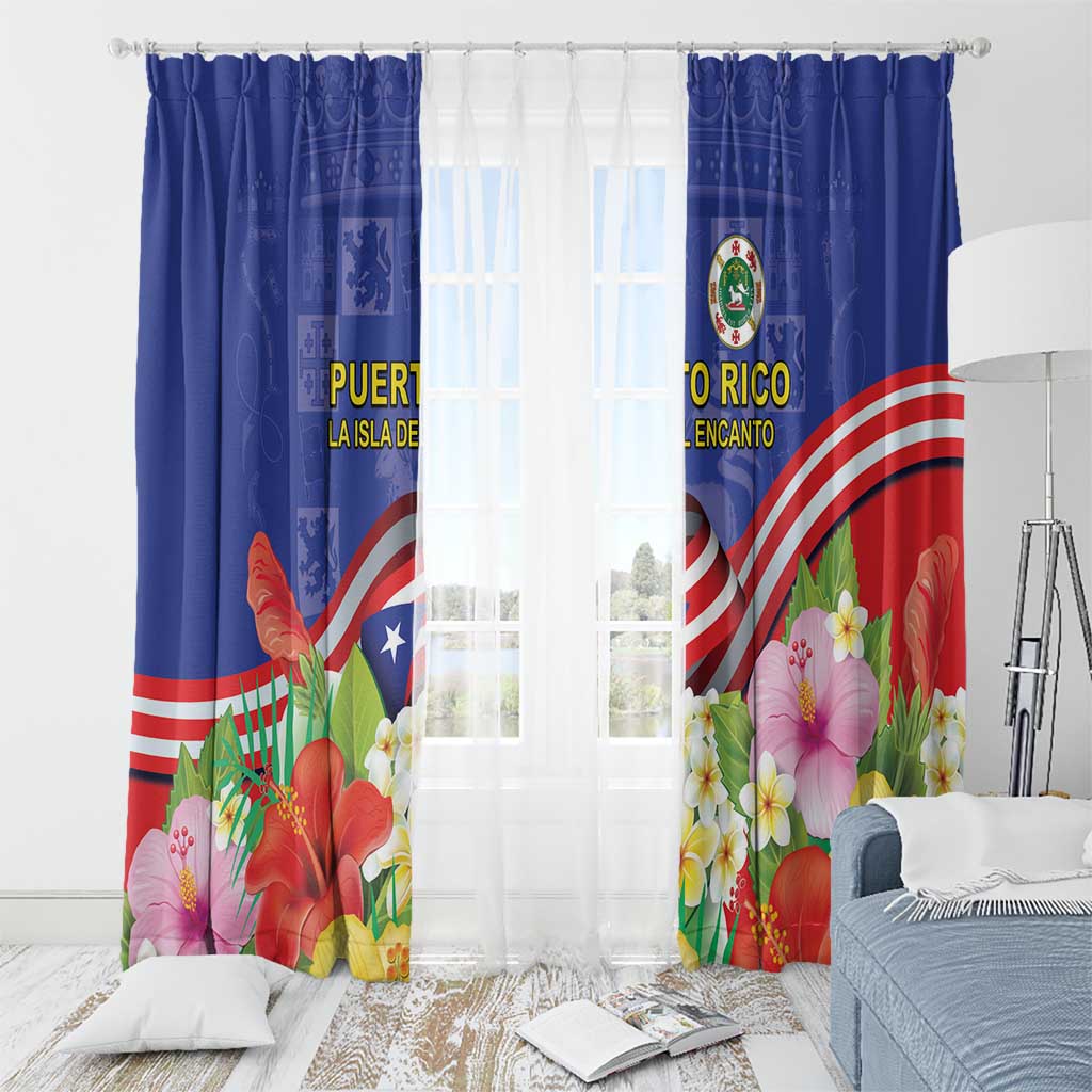 Puerto Rico Coat Of Arm Window Curtain With Thespesia Grandiflora Flowers - Wonder Print Shop