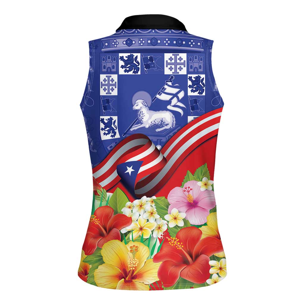 Puerto Rico Coat Of Arm Women Sleeveless Polo Shirt With Thespesia Grandiflora Flowers - Wonder Print Shop