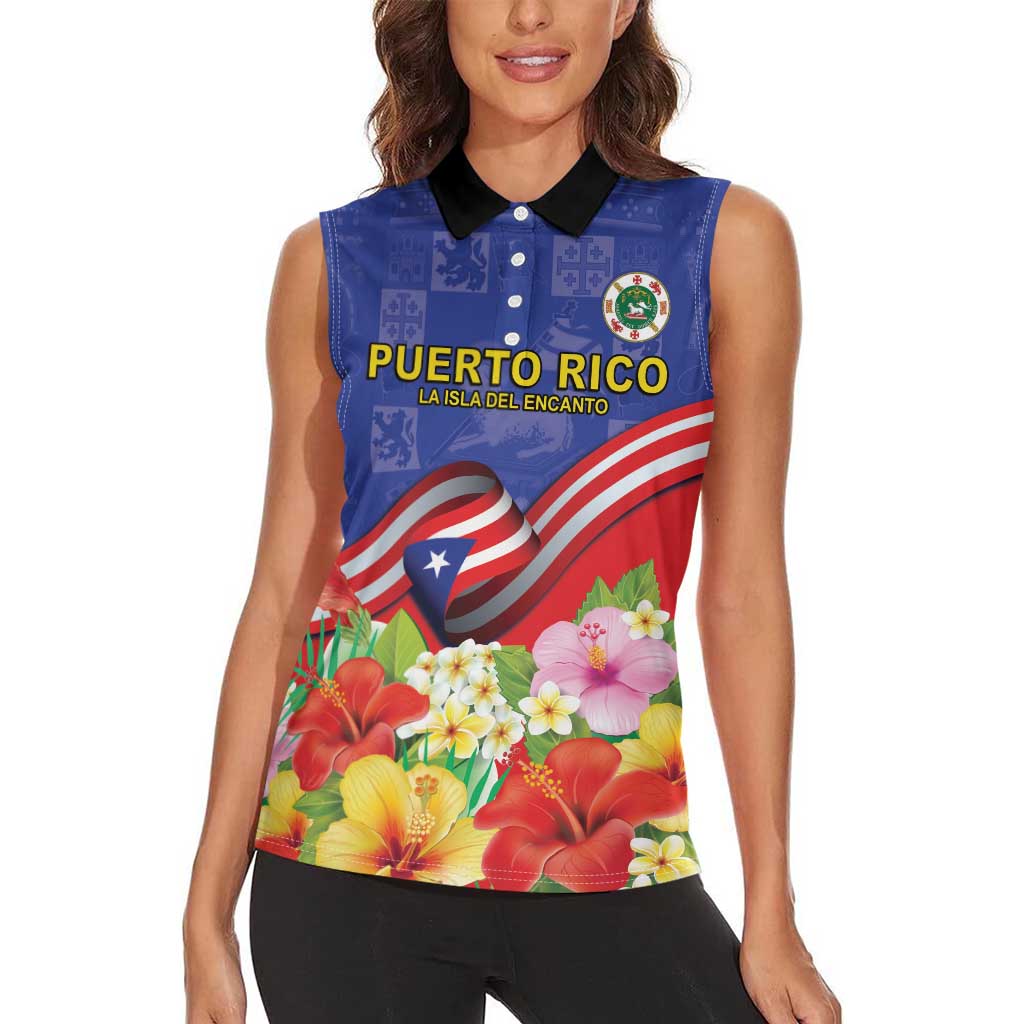 Puerto Rico Coat Of Arm Women Sleeveless Polo Shirt With Thespesia Grandiflora Flowers - Wonder Print Shop