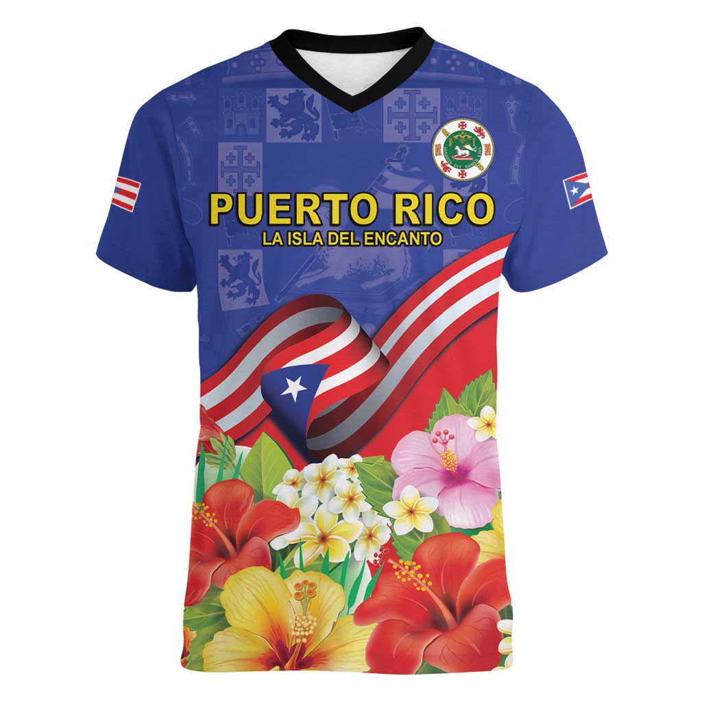 Puerto Rico Coat Of Arm Women V-Neck T-Shirt With Thespesia Grandiflora Flowers - Wonder Print Shop