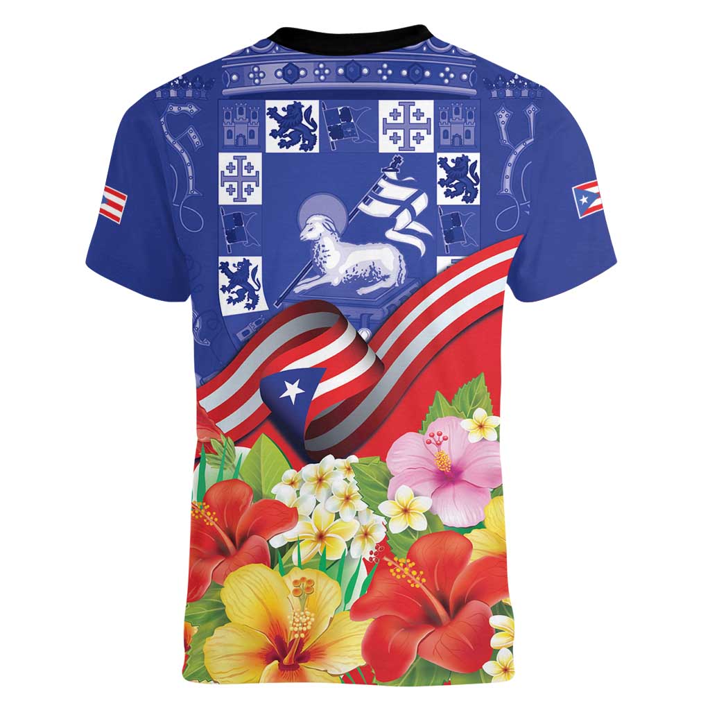 Puerto Rico Coat Of Arm Women V-Neck T-Shirt With Thespesia Grandiflora Flowers - Wonder Print Shop