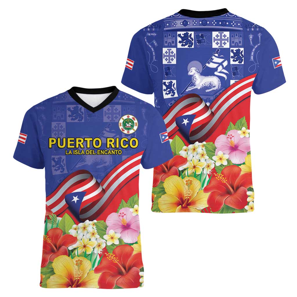 Puerto Rico Coat Of Arm Women V-Neck T-Shirt With Thespesia Grandiflora Flowers - Wonder Print Shop