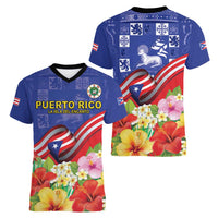 Puerto Rico Coat Of Arm Women V-Neck T-Shirt With Thespesia Grandiflora Flowers - Wonder Print Shop