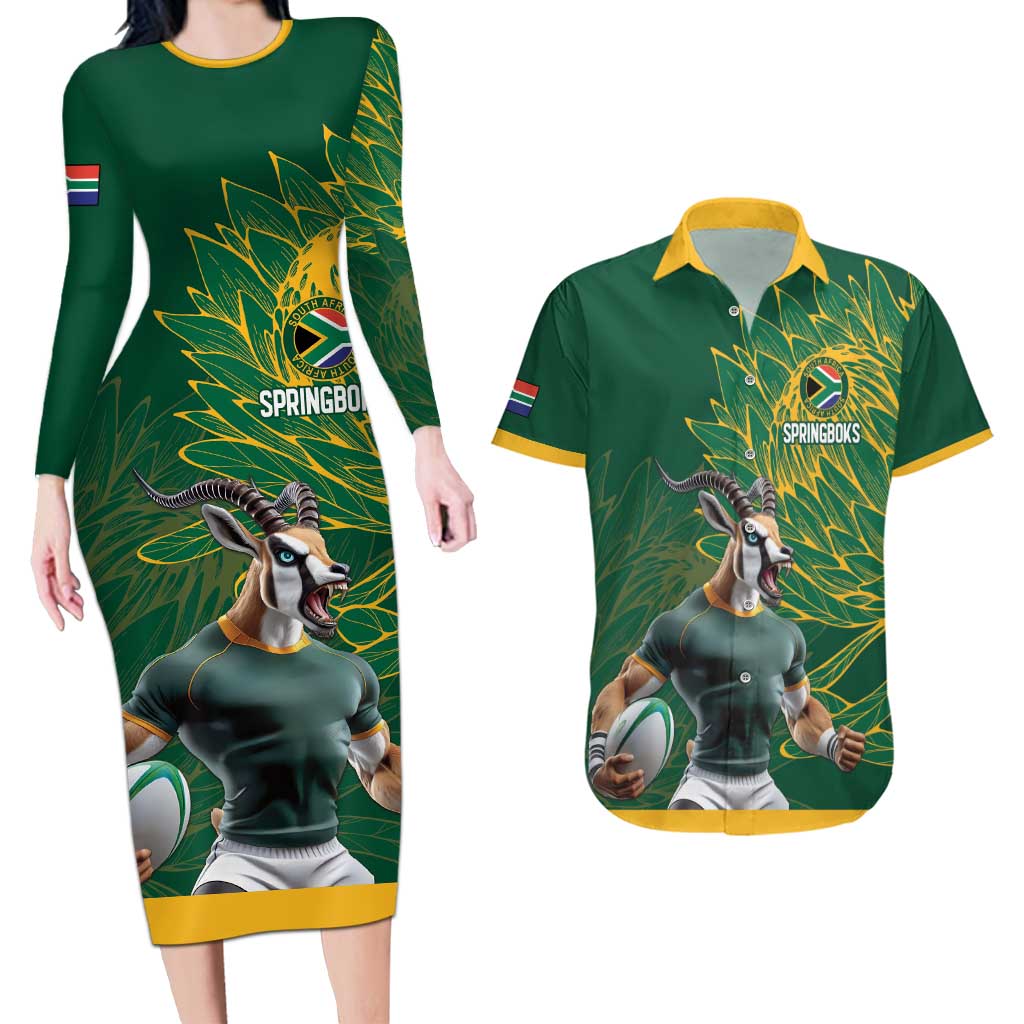 Custom Rugby South Africa Couples Matching Long Sleeve Bodycon Dress and Hawaiian Shirt Springboks Mascot - Wonder Print Shop