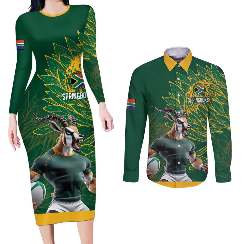 Custom Rugby South Africa Couples Matching Long Sleeve Bodycon Dress and Long Sleeve Button Shirt Springboks Mascot - Wonder Print Shop
