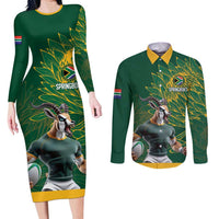 Custom Rugby South Africa Couples Matching Long Sleeve Bodycon Dress and Long Sleeve Button Shirt Springboks Mascot - Wonder Print Shop
