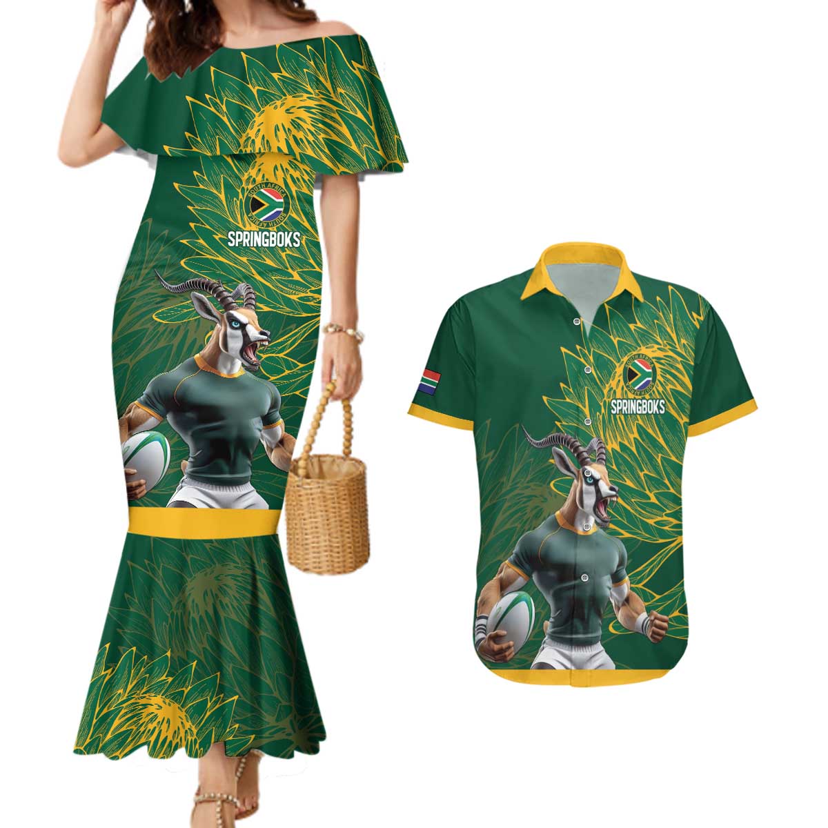 Custom Rugby South Africa Couples Matching Mermaid Dress and Hawaiian Shirt Springboks Mascot - Wonder Print Shop