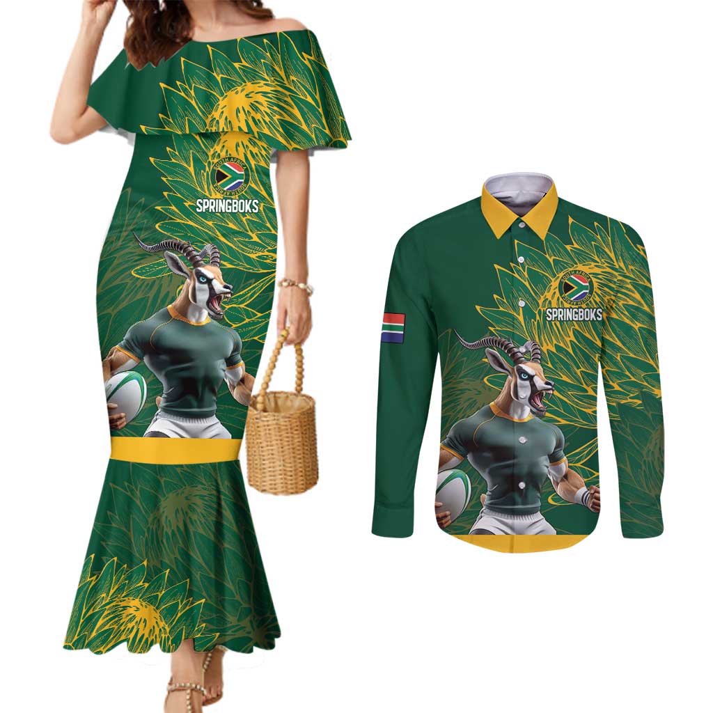 Custom Rugby South Africa Couples Matching Mermaid Dress and Long Sleeve Button Shirt Springboks Mascot - Wonder Print Shop