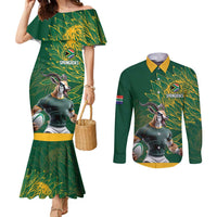 Custom Rugby South Africa Couples Matching Mermaid Dress and Long Sleeve Button Shirt Springboks Mascot - Wonder Print Shop