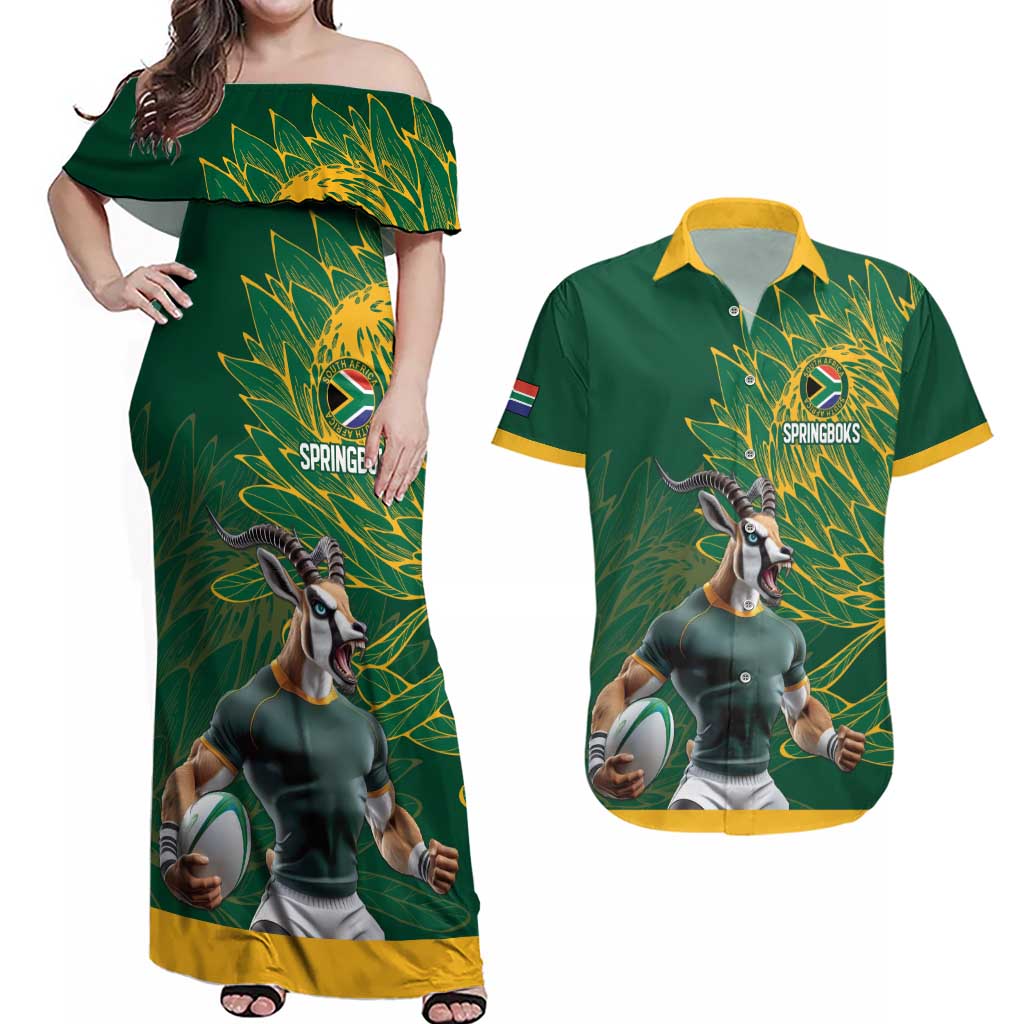 Custom Rugby South Africa Couples Matching Off Shoulder Maxi Dress and Hawaiian Shirt Springboks Mascot - Wonder Print Shop